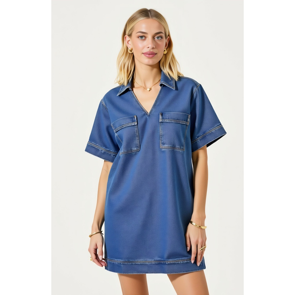 Modenaire Modenaire Denim Mini Short Sleeve Chest Patch Pocket Shirt Dress