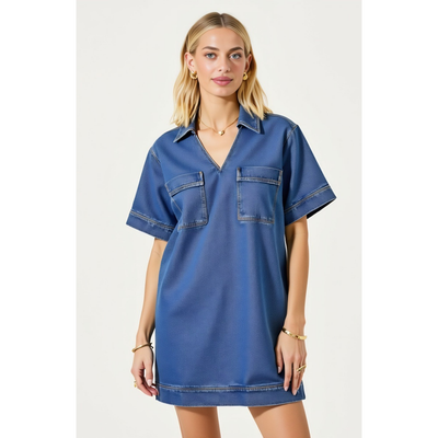 Modenaire Modenaire Denim Mini Short Sleeve Chest Patch Pocket Shirt Dress