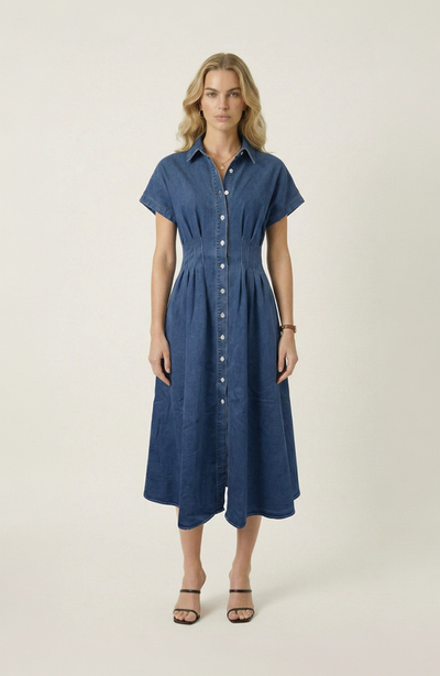 Modenaire Modenaire Denim Pleated Waist Shirt Dress
