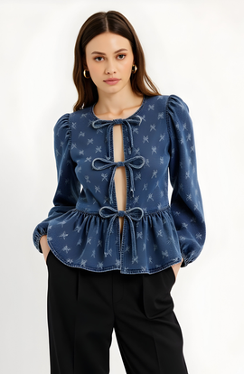 Modenaire Modenaire Denim Top with Bow-Front and Puffed Sleeves