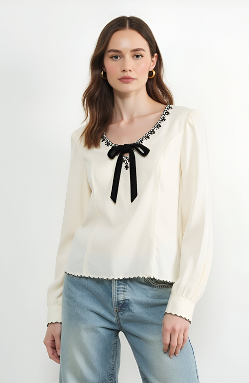 Modenaire Modenaire Embroidered Blouse with Velvet Bow