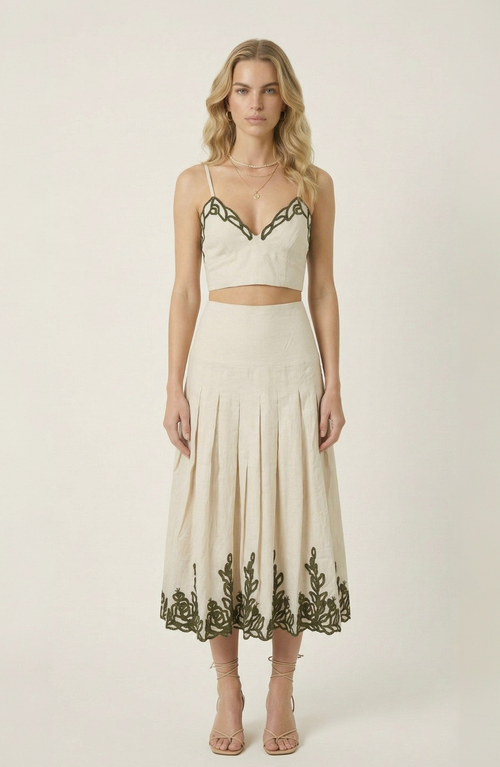 Modenaire Modenaire Embroidered Crop Top and Pleated Midi Skirt Set