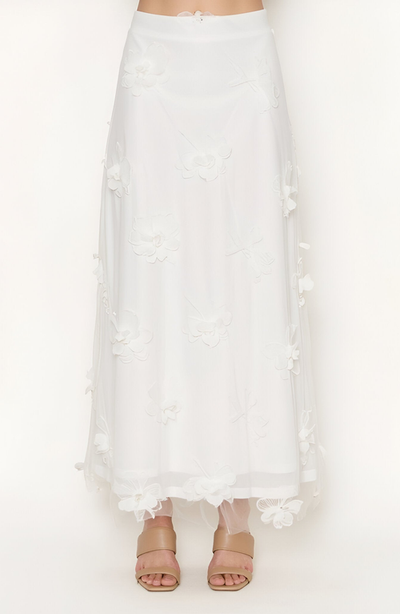 Modenaire Modenaire Embroidered Mesh Maxi Skirt with 3D Floral Appliqué