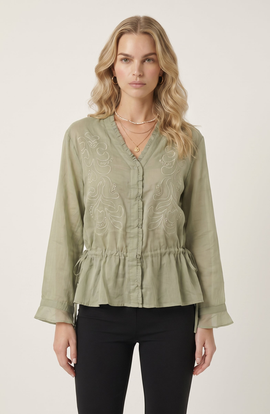 Modenaire Modenaire Embroidered Ruffle Trim Blouse with Drawstring Waist and Flared Cuffs
