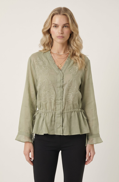 Modenaire Modenaire Embroidered Ruffle Trim Blouse with Drawstring Waist and Flared Cuffs
