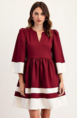 Modenaire Modenaire Fit and Flare Mini Dress with Contrast Cuff, Hemline and Notch Neck