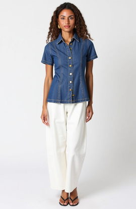 Modenaire Modenaire Fitted Denim Short-Sleeve Button-Front Shirt