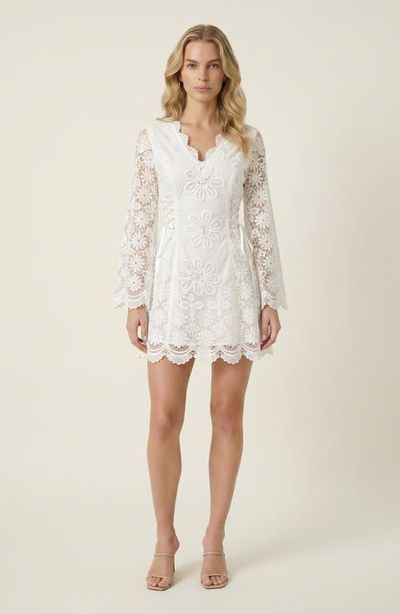 Modenaire Modenaire Floral Applique Long Sheer Sleeve Lace-Up Mini Dress