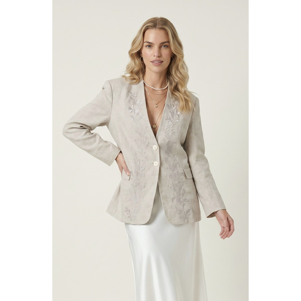Modenaire Modenaire Floral Embroidered Linen Blazer