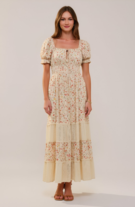 Modenaire Modenaire Floral Maxi Dress with Puff Sleeves Smocked Waist and Tiered Skirt 