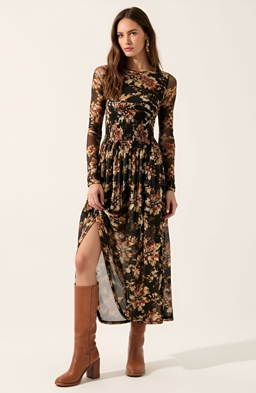 Modenaire Modenaire Floral Mesh Midi Dress with Contour Bodice 
