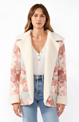 Modenaire Modenaire Floral Patchwork Plush Trim Oversized Hood Fleece Jacket 