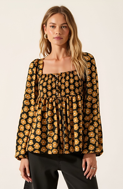 Modenaire Modenaire Floral Print Smocked Bodice Long Sleeve Top with Square Neckline 