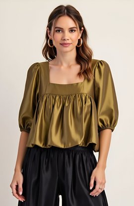 Modenaire Modenaire Gathered Bubble Hem Puff Sleeve Square Neck Top