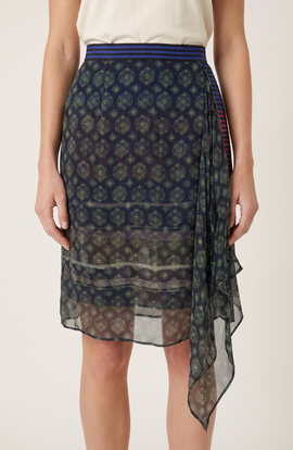 Modenaire Modenaire Geometric Print Chiffon Midi Skirt with Draped Asymmetric Side Panel