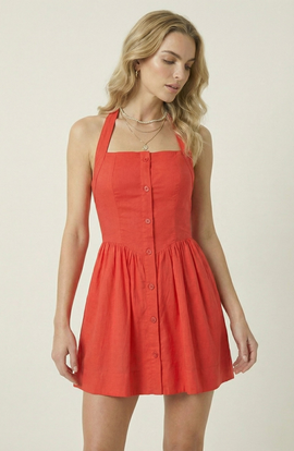 Modenaire Modenaire Halter Mini Dress with Button Front and Flared Skirt
