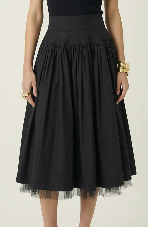 Modenaire Modenaire High Waist Midi Skirt with Tulle Hem