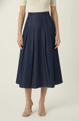Modenaire Modenaire High Waist Pleated Detail A-Line Midi Skirt