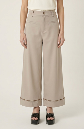 Modenaire Modenaire High Waist Wide Leg Pants with Embroidered Hem and Patch Pockets