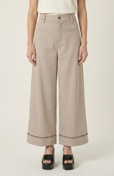 Modenaire Modenaire High Waist Wide Leg Pants with Embroidered Hem and Patch Pockets
