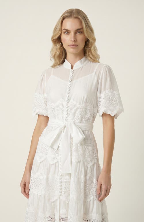 Modenaire Modenaire Lace Trim Puff Sleeve Midi Dress with Waist Tie