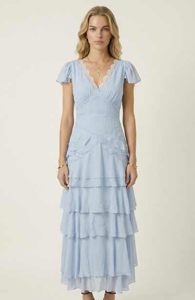 Modenaire Modenaire Lace Trim Tiered Maxi Dress