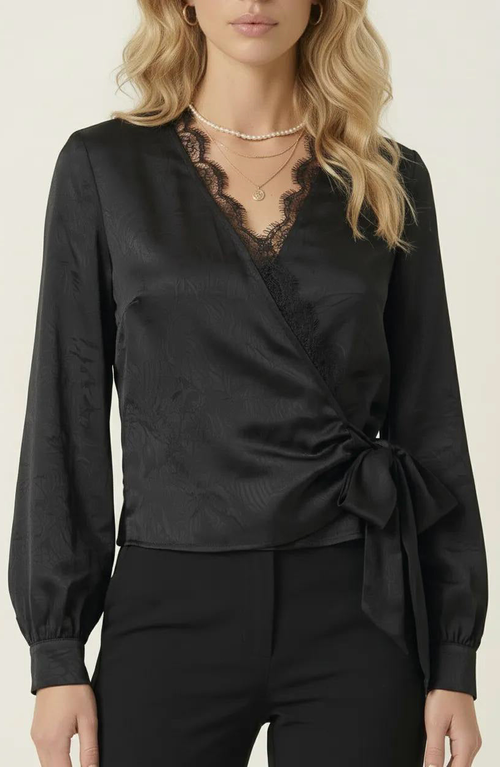 Modenaire Modenaire Lace Trim V-Neck Wrap Blouse