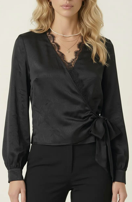 Modenaire Modenaire Lace Trim V-Neck Wrap Blouse