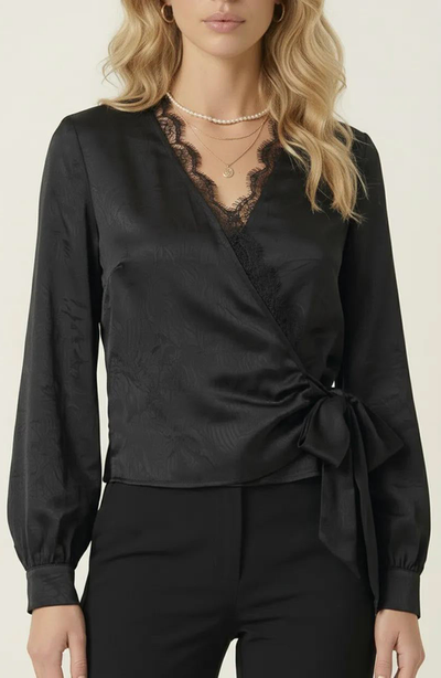 Modenaire Modenaire Lace Trim V-Neck Wrap Blouse