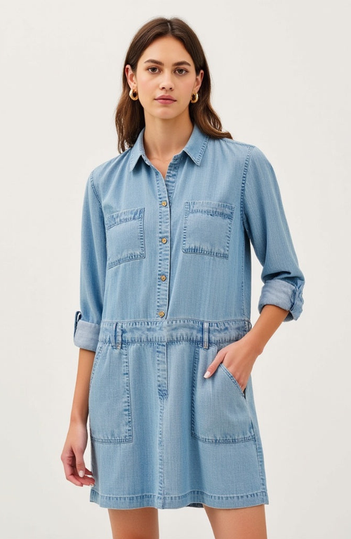 Modenaire Modenaire Long-Sleeve Button-Front Denim Mini Dress