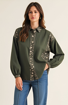 Modenaire Modenaire Long Sleeve Floral Print Trim Button Up Shirt 