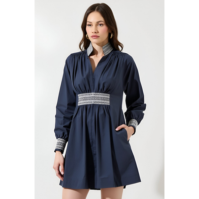 Modenaire Modenaire Long Sleeve Mini Dress with Embroidered Waist, Cuffs and Collar