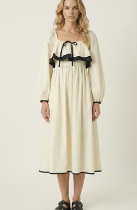 Modenaire Modenaire Long Sleeve Ruffle Trim Midi Dress