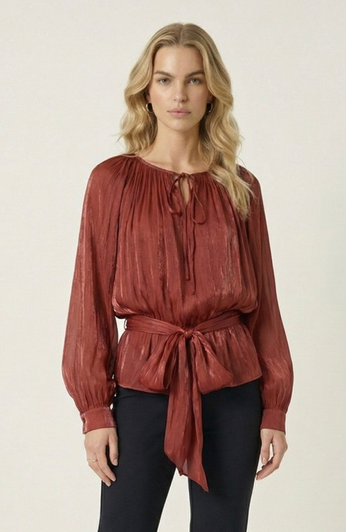 Modenaire Modenaire Long Sleeve Tie Neck Waist Belt Blouse