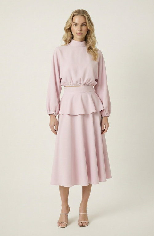 Modenaire Modenaire Mock Neck Peplum Top And Mini Skirt Set