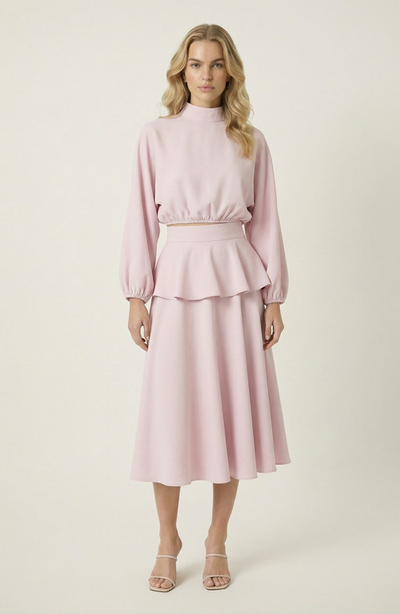 Modenaire Modenaire Mock Neck Peplum Top And Mini Skirt Set