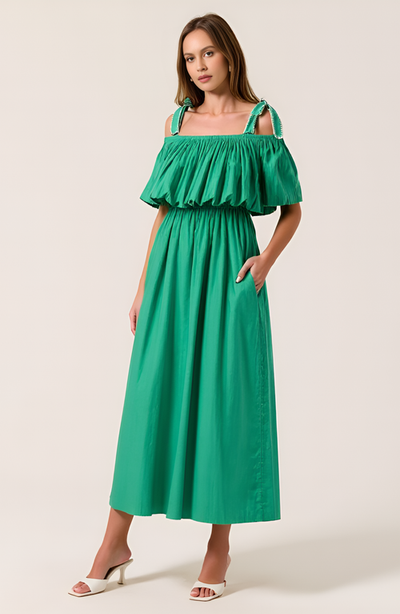 Modenaire Modenaire Off-Shoulder Ruffle Midi Dress