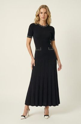 Modenaire Modenaire Pearl Embellished Fitted Waist Pleated Midi Knit Dress