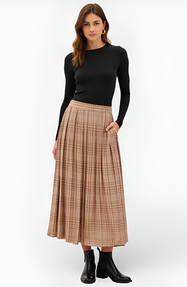 Modenaire Modenaire Plaid Pleated Maxi Skirt with Elastic Waistband