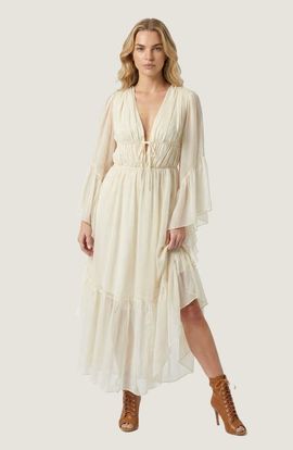 Modenaire Modenaire Plunging Neck Tie Waist Ruffle Sleeve Maxi Dress