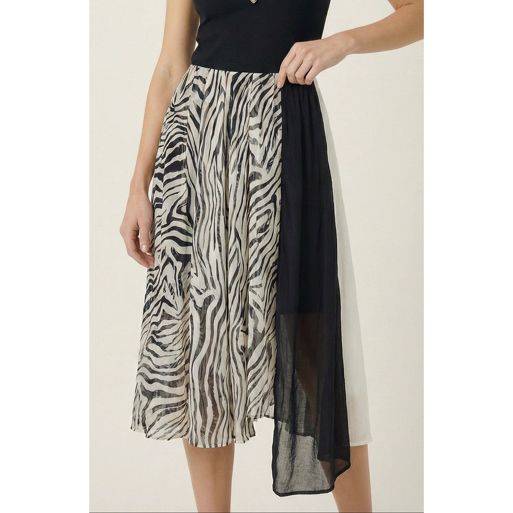 Modenaire Modenaire Printed Sheer Overlay Asymmetrical Panel Midi Skirt