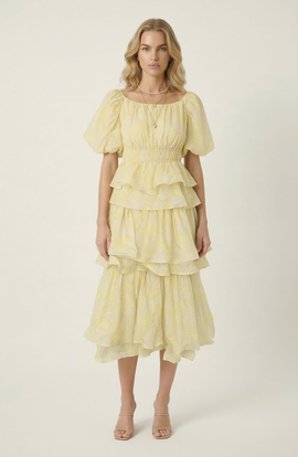 Modenaire Modenaire Puff Sleeve Tiered Ruffle Midi Dress