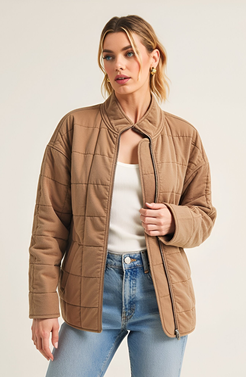 Modenaire Modenaire Quilted Zip-Up Stand Collar Square Stitch Detailing Jacket 