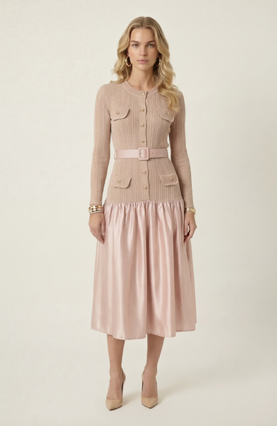 Modenaire Modenaire Ribbed Knit and Satin Midi Dress
