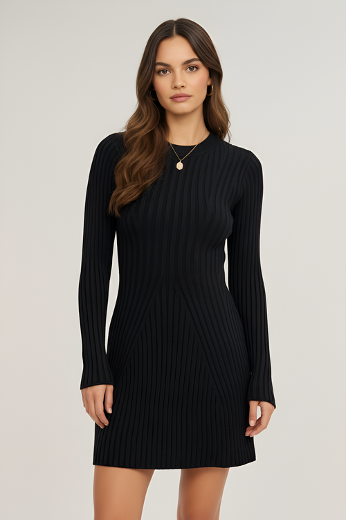 Modenaire Modenaire Ribbed Knit Long Sleeve Flared Hem Sweater Dress