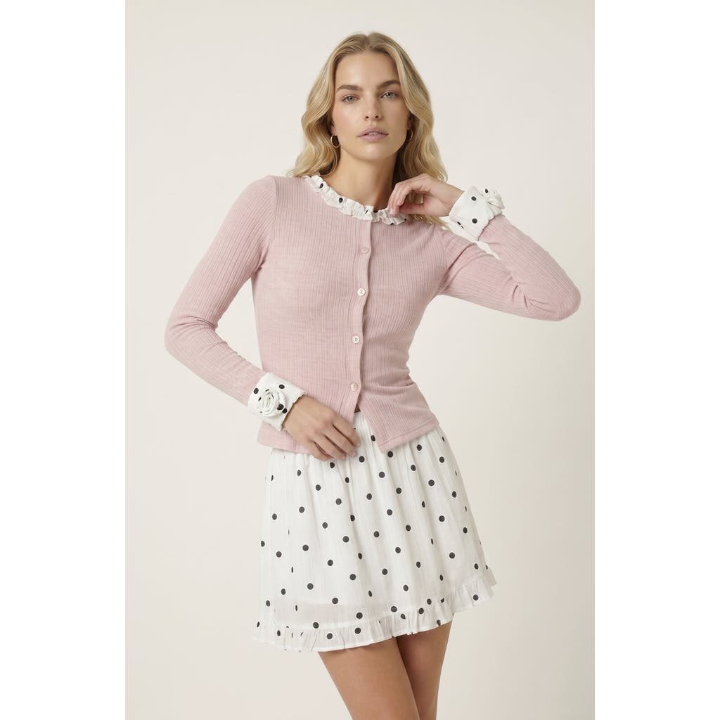 Modenaire Modenaire Ribbed Knit Two Piece Set with Ruffle Collar Cardigan and Polka Dot Skirt