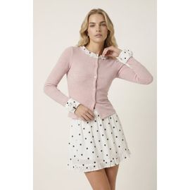 Modenaire Modenaire Ribbed Knit Two Piece Set with Ruffle Collar Cardigan and Polka Dot Skirt