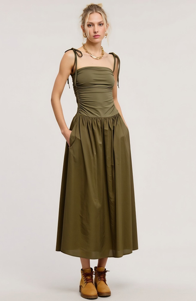Modenaire Modenaire Ruched Bodice Midi Dress with Tie Straps and Full Gathered Skirt