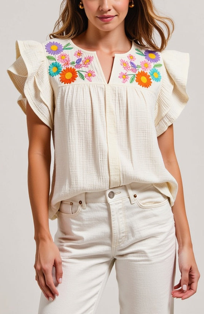 Modenaire Modenaire Ruffle-Sleeve Button-Front Blouse with Floral Embroidery
