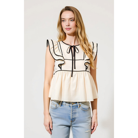 Modenaire Modenaire Ruffle Sleeve Peplum Top with Contrast Trim and Front Tie